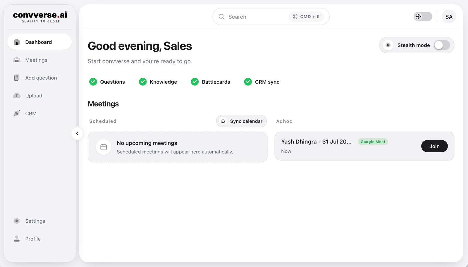 convverse desktop app showing suggested questions and a live answer during a call
